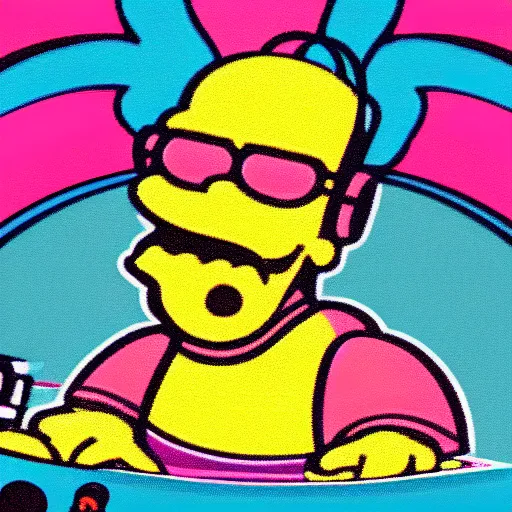 Image similar to svg sticker of a Homer-Simpson at a rave, spinning records, giant headphones rocking out, wearing headphones, huge speakers, dancing, rave, DJ, spinning records, digital art, amazing composition, rule-of-thirds, award-winning, trending on artstation, featured on deviantart