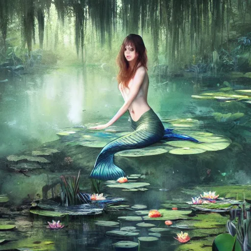 Prompt: art of a mermaid resting in a dense forest near a pond with water lilies by greg rutkowski, artgerm, artstation, wlop, 8 k,