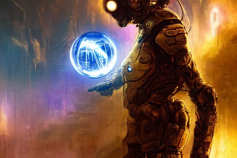 Prompt: portrait sci-fi art by Moebius and Ruan Jia and Michal Kus, a glowing alien neon orb floating above the hand of a soldier, solar flares, magnetic waves, futuristic environment, detailed and intricate environment, fractal holographic symbols, cyberpunk, neon color bioluminescence, gold and black metal, dramatic lighting, cinematic, high technology, highly detailed portrait, digital painting, artstation, concept art, smooth, sharp focus, ilustration, Artstation HQ