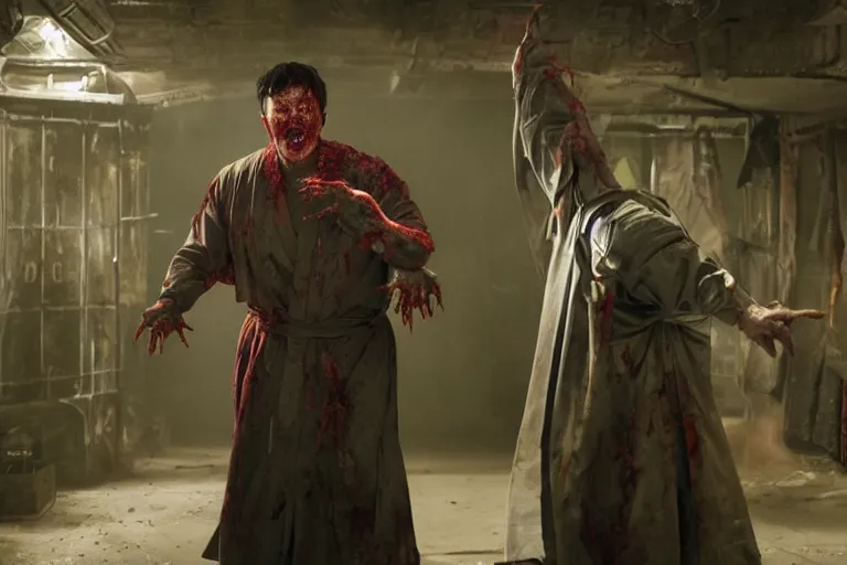 Image similar to film still of zombie zombie Benedict Wong as a zombie in full robes opening a sling portal in new avengers movie, 4k