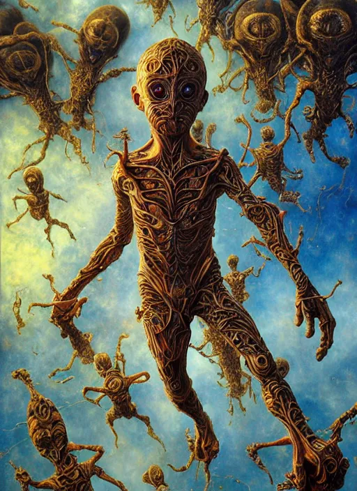 Prompt: realistic extremely detailed image of boy ##floating in the air## surrounded by extraterrestrial aliens reaching up to him by Ayami Kojima, Amano, Karol Bak, Greg Hildebrandt, and Mark Brooks, Neo-Gothic, intricate, rich deep colors. Beksinski painting, part by Adrian Ghenie and Gerhard Richter. Part by Takato Yamamoto. 8k masterpiece