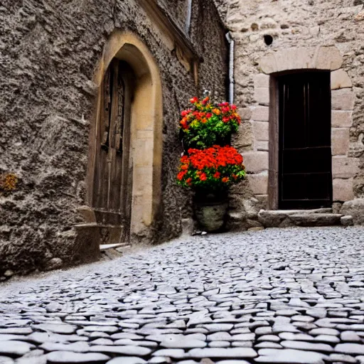 Image similar to Cobblestone walkway through a medieval street with flowers in the windows of the stone buildings on either side