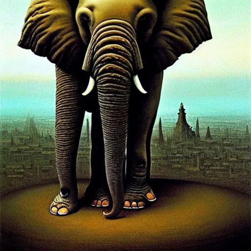 Image similar to a giant elephant stands over a city painting by beksinski, barlowe colors. masterpiece painting