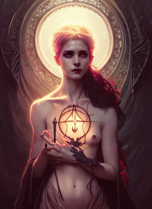 Image similar to a beautiful cinematic female Necromancer Sorceress goddess of death, fantasy magic, undercut hairstyle, dark light night, intricate, elegant, sharp focus, illustration, highly detailed, digital painting, concept art, matte, art by WLOP and Artgerm and Greg Rutkowski and Alphonse Mucha, masterpiece