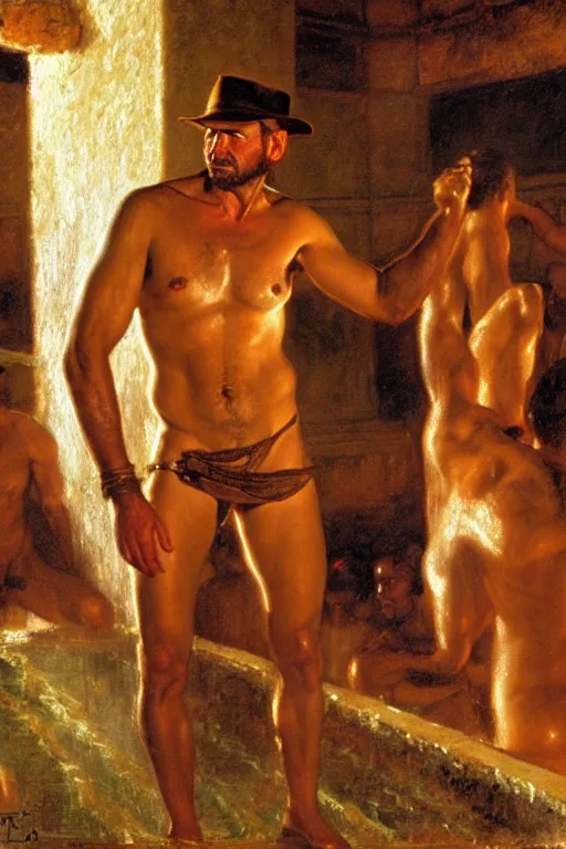 Image similar to indiana jones at a roman bathhouse, painting by, tom of finland, gaston bussiere, craig mullins, j. c. leyendecker