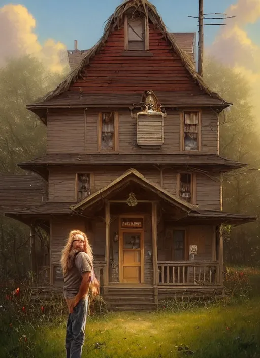 Image similar to highly detailed portrait of long - haired hillbilly in front of old style house, with his fluffy australian shepherd, blonde hair, stephen bliss, art by greg rutkowski, loish, rhads, ferdinand knab, makoto shinkai and lois van baarle, artgerm, pixar, ilya kuvshinov, rossdraws, tom bagshaw, global illumination