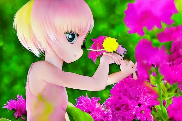 Prompt: (very small anime Tinkerbell) kissing a big flower, hyper realism, macro shot
