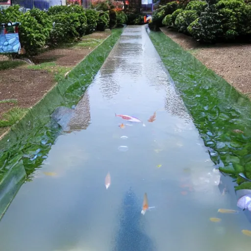 Image similar to a liquid sidewalk with a group of fish swimming inside it