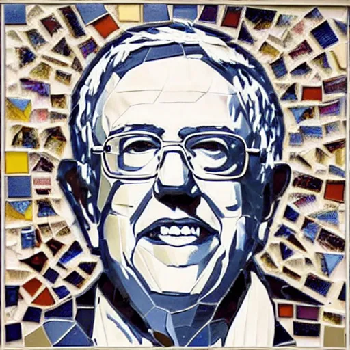 Image similar to tile mosaic mural of Bernie Sanders, intricate detailing, mostly triangular and geometric, beautiful high quality art,