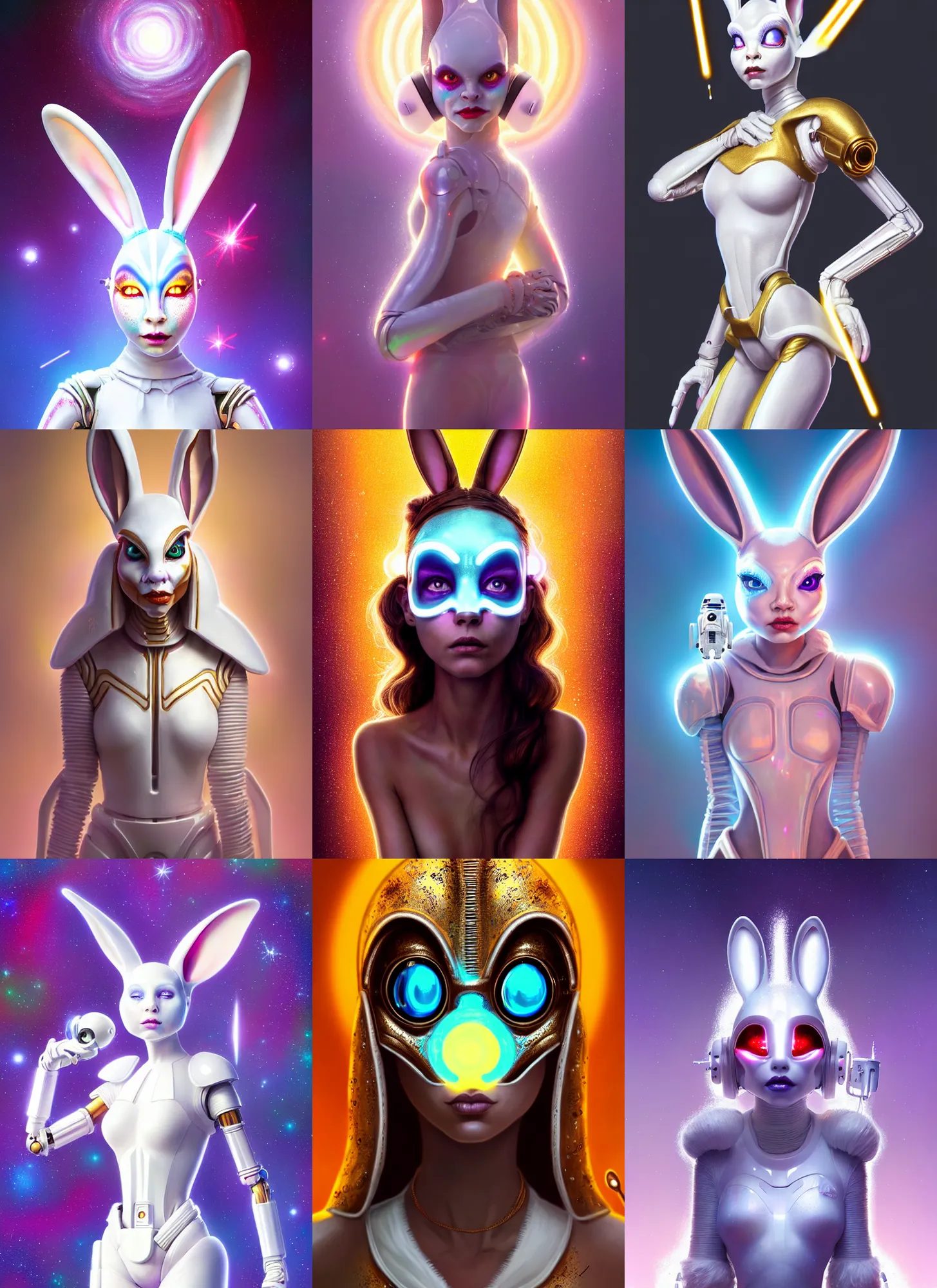 Prompt: bright white polished galactic bunny clowncore weta cyborg : : disney pixar star wars portrait, soft devil queen madison beer, bling airpods, hi - fructose, sci fi fantasy intricate decadent highly - detailed digital painting, golden ratio, octane render, artstation, concept art, smooth, sharp focus, illustration, mucha, loish, wlop