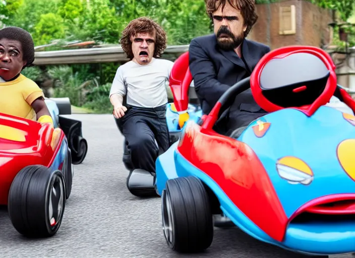 Prompt: peter dinklage racing gary coleman driving a little tikes cars, movie still, from the new fast and furious movie, 8 k, realistic