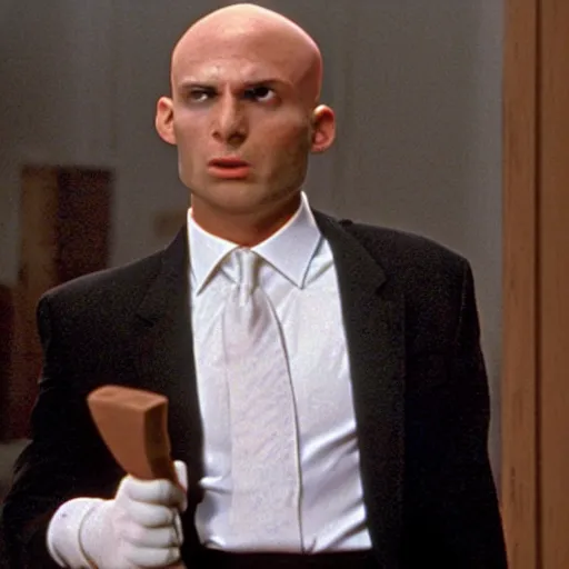 Prompt: Bald Patrick Bateman from American Psycho (2000) with an axe in his hands, at the office