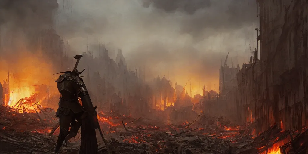 Image similar to a painting of a cinematic keyframe of a medieval knight warrior with his sword walking into a destroyed medieval town, with fire by greg rutkowski, rule of thirds, golden ratio, ambient lighting, wlop, artgerm, artstation, highly detailed masterpiece, dark fantasy art, high detail, trending on artstation