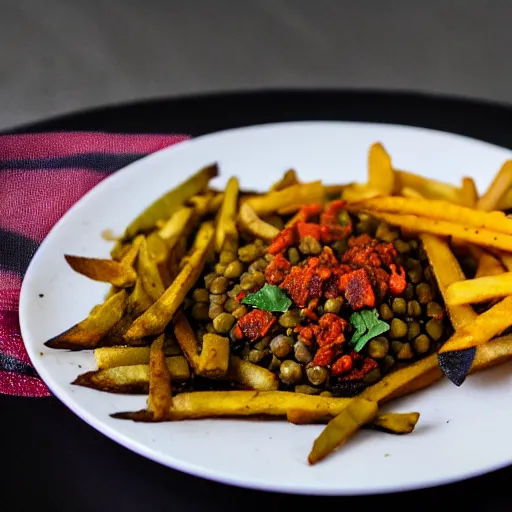 Image similar to plate of green lentils with chorizo and fries,