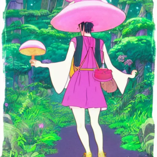 Image similar to a pink mage wearing a small satchel and a pink witch's hat walking through a lush psychedelic forest by studio ghibli