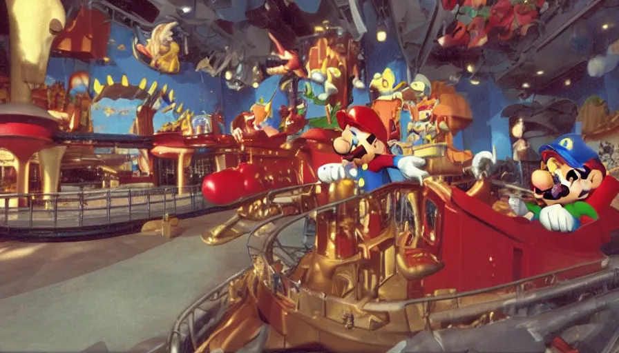 Image similar to 1990s photo of inside the Super Mario ride at Universal Studios in Orlando, Florida, riding Super Mario through Bowser's Castle , cinematic, UHD