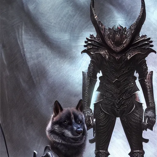 Image similar to daedric armor, anthropomorphic shiba inu, leading revolution, stuning 3 d render, masterpiece, glowing aura, by tsutomu nihei, realistic face