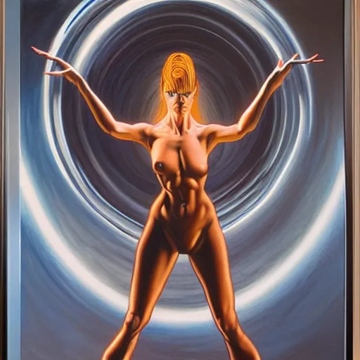 Image similar to infinity shot of a witch standing in front of a portal, surrealist painting by Hajime Sorayama