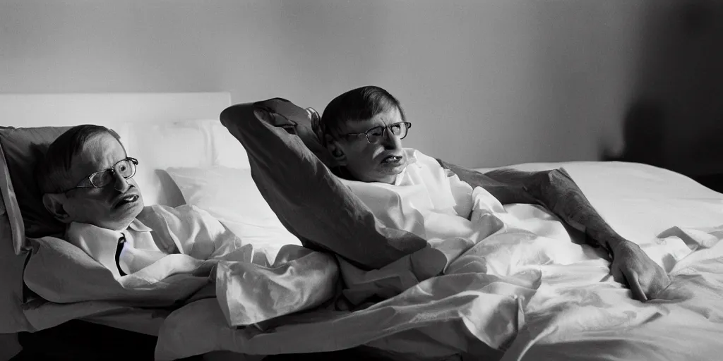 Stephen hawking on a bed next to lana rhodes canon 5 stable diffusion