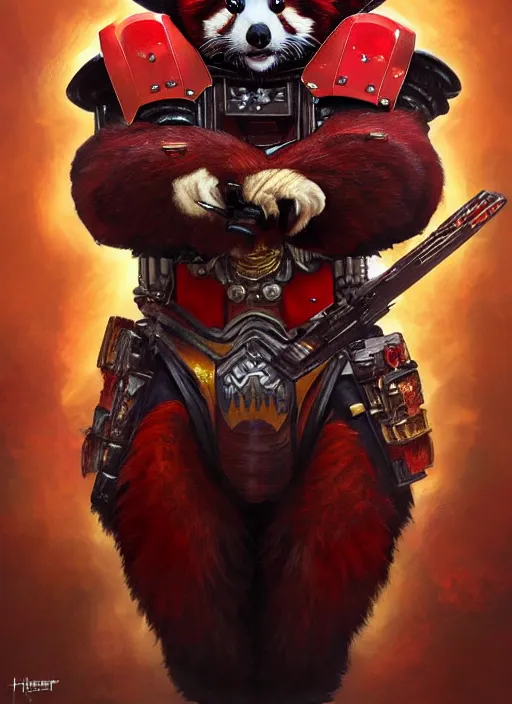 Image similar to red panda as warhammer 4 0 k!! emperor, gold, ruby gems, portrait, intricate, elegant, highly detailed, digital painting, artstation, concept art, wallpaper, smooth, sharp focus, illustration, art by h. r. giger and artgerm and greg rutkowski and alphonse mucha