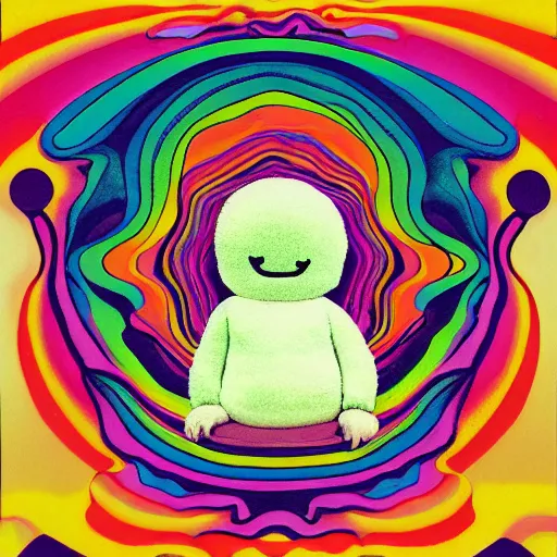 Image similar to psychedelic album art from the 7 0 s of a marshmallow creature sitting in the sun melting