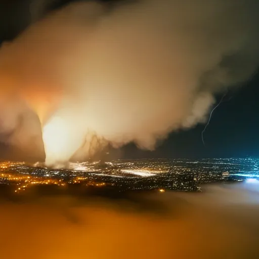 Image similar to found footage of explosion in the sky, 4 k, night, fog