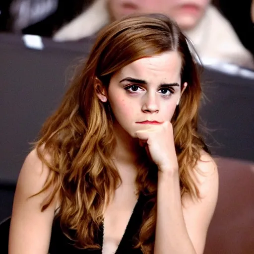 Prompt: confused emma watson looking angrily at a potato