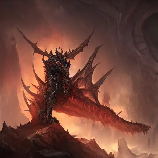 Image similar to dark fantasy concept of a vampire dragon god, with dark matter and molten armor on a mountain, cinematic, dynamic lighting, photorealistic, ultra detailed, trending on art station, stunning visuals, creative, hyper detailed