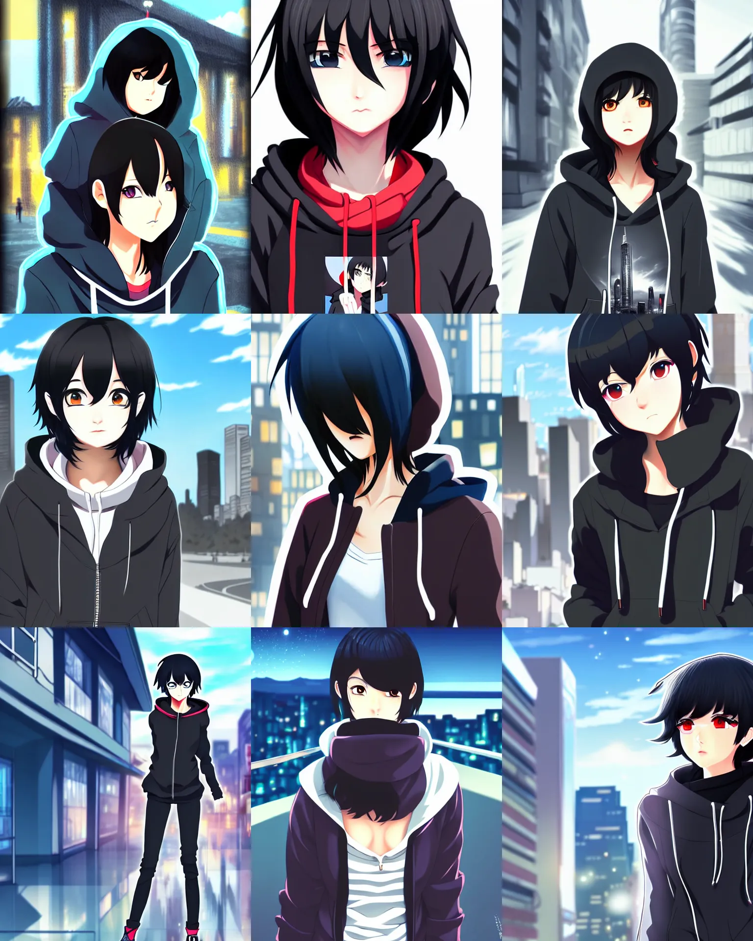 Prompt: black haired girl wearing hoodie, city bright daylight, anime epic artwork, shinkai makoto