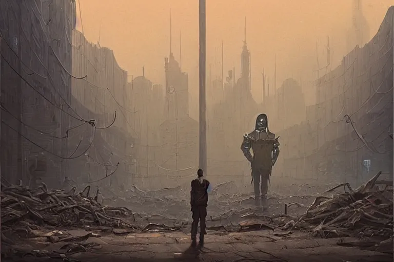 Image similar to a creepy cultist standing in a dystopian city by simon stalenhag,