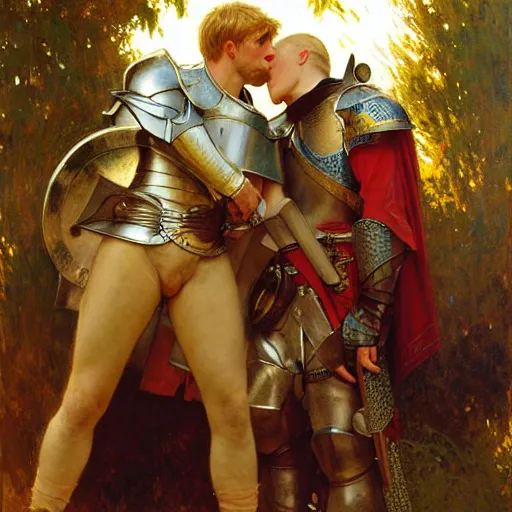 Image similar to attractive arthur pendragon and his attractive male knight, they are in love, natural lighting, path traced, highly detailed, high quality, digital painting, by gaston bussiere, craig mullins, alphonse mucha j. c. leyendecker