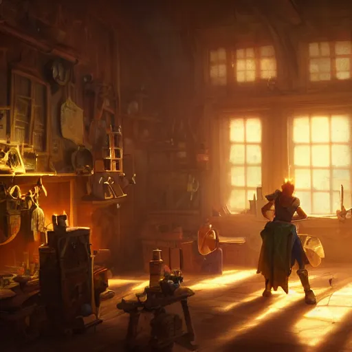 Prompt: A dusty toymaker’s workshop lit by a large glowing window, volumetric atmosphere with dramatic sunlight and shadows, hearthstone coloring style, artwork by greg rutkowski, epic fantasy style art, fantasy epic digital art, highly detailed, 8k resolution, hyperrealistic, Maya render.