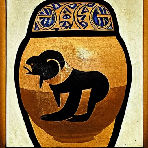 Prompt: AA photo of an Athenian vase with a painting of pandas playing basketball in the style of Egyptian hieroglyphics