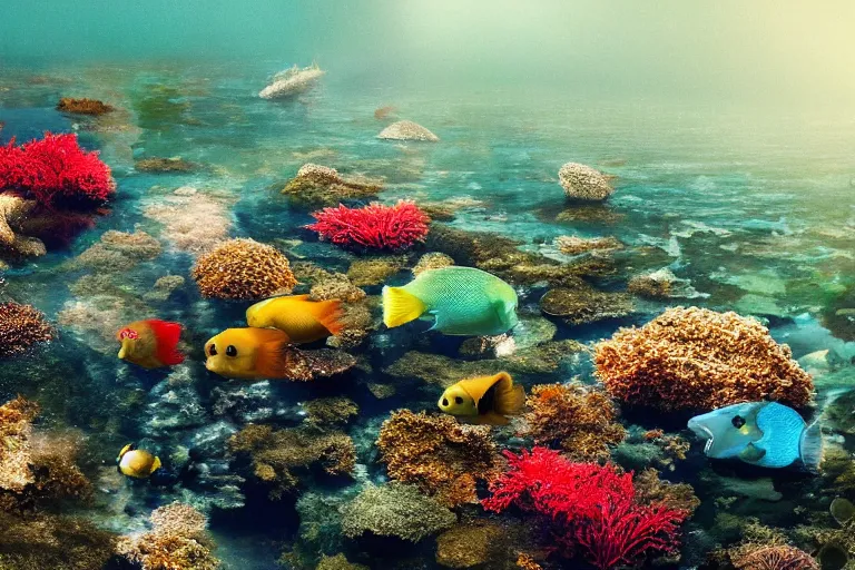 Image similar to ultra realistic underwater photography, panoramic picture of a river with a big number of large, brightly colourful fish. lots of bubbles, little seaweed and some rocks. gloomy scattered light entering from the water surface, artstation, 8 k