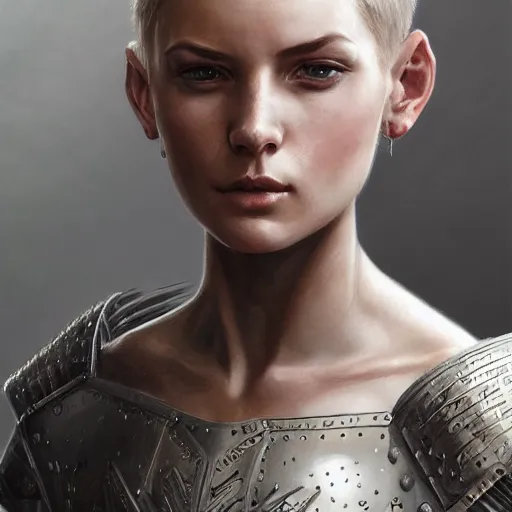 Prompt: portrait of a beautiful young scandinavian woman with a half shaved undercut hairstyle wearing full plate armor, HD, D&D 4k, 8k, incredibly detailed, intricate, masterpiece, digital illustration by greg rutkowski, trending on artstation, character design, concept art