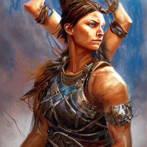 Prompt: highly detailed painting of a warrior goddess with tan skin, blue eyes, and brown hair high fantasy art by jon foster trending on arstation