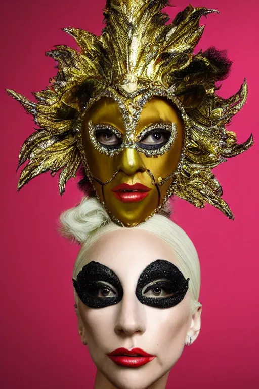 Prompt: a portrait of lady gaga wearing very fancy mardi gras mask with rembrandt lighting,, single head, no double head,