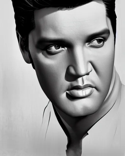 Image similar to a powerful energy elvis presley portrait, grainy black and white photo, by alexander fedosav, hyper detailed digital matte painting, concept art, hyperrealism, 1 6 k resolution, cinema 4 d, 8 k resolution, trending on artstation, behance hd, a masterpiece, by stephan martiniere, particles, by david a. hardy,