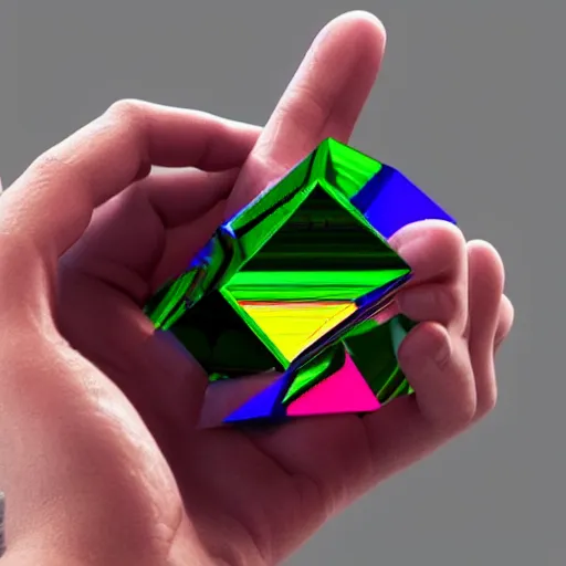 Prompt: a person's hand holding a 3 d model of a bismuth crystal, a computer rendering by erno rubik, featured on polycount, holography, quantum wavetracing, ray tracing, circuitry