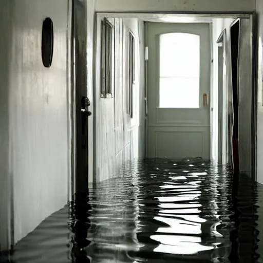 Prompt: flooded hallway in a cozy house, oddly familiar, liminal, unsettling,