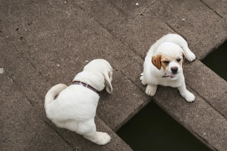 Prompt: an high angle view of a puppy that is standing at the edge of a bridge looking and the puppy is looking down at the water below