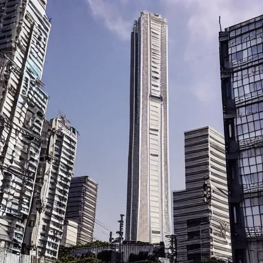 Image similar to “establishing shot of an isolated arasaka tower in Neo-Tokyo. Taller than any other building nearby. 2077 Akira. Photo taken in the style of Wes Anderson 8k”