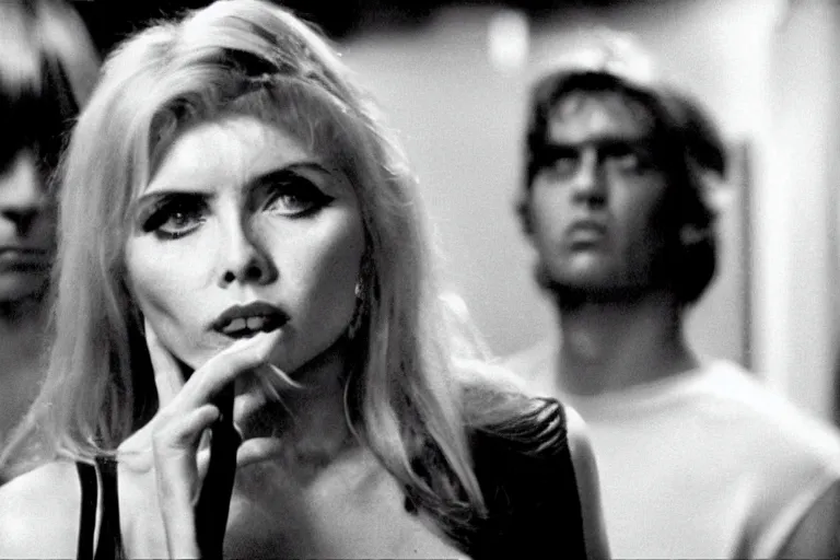 Prompt: a film portrait still of young debbie harry in scarface, gritty vice atmosphere. realism, cinematic lighting, 4 k. 8 mm. grainy. panavision.