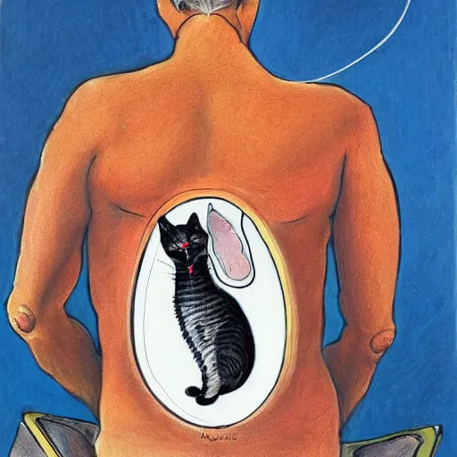 Image similar to a detailed portrait painting of a man with a cat on his back by gerald scarfe