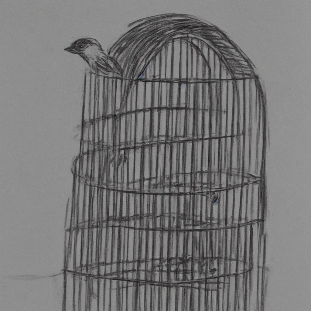 Prompt: a charcoal sketch of a bird in a cage, black and white