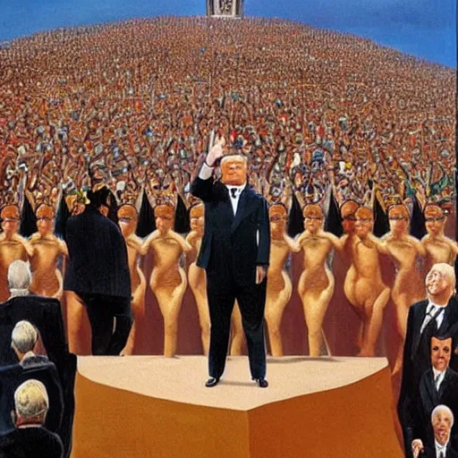 Image similar to enoumous crowd of millions of people, everyone is laughing and pointing at donald trump on a podium. he is not wearing pants and his legs are visible. painting by salvador dali.