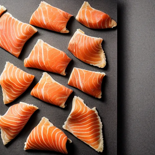 Image similar to thin pastry cases stuffed with smoked salmon and scallop, 8 k resolution, food photography, studio lighting, sharp focus, hyper - detailed