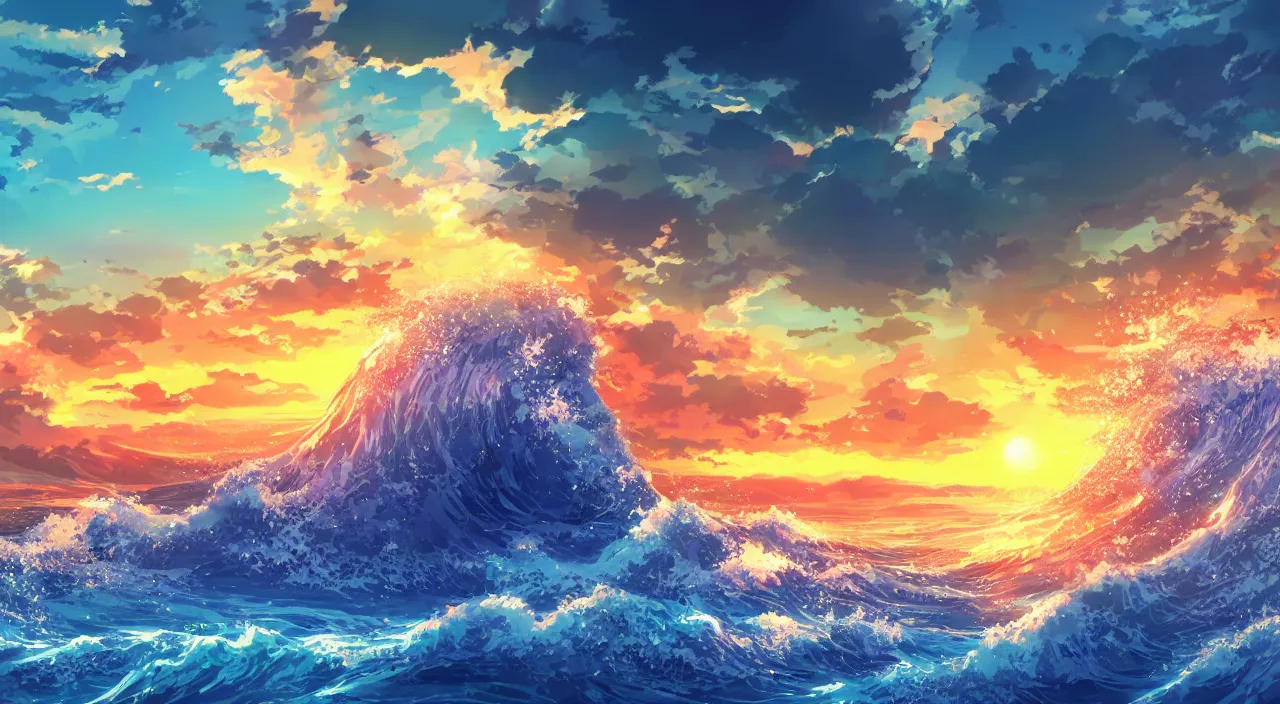 Prompt: anime landscape wallpaper, rough waves simulated crystal clear waves, ocean cliff side, sunset clouds