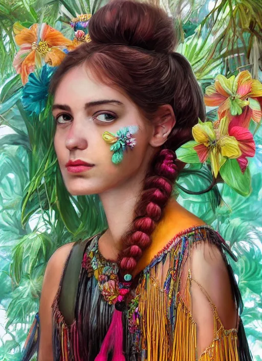 Image similar to beautiful portrait of a mediterranean female wearing fantastic Hand-dyed cotton dress, embellished beaded feather decorative fringe knots ,colorful pigtail,subtropical flowers and plants,symmetrical face,intricate,elegant, highly detailed, 8k,post-processing,digital painting, trending on artstation, concept art, sharp focus, illustration, by artgerm,Tom Bagshaw,Daniel Gerhartz,Albert Aublet,Lawrence Alma-Tadema,Maria Mirage