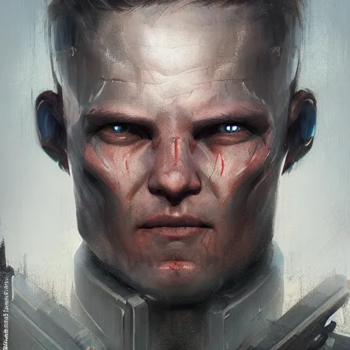 Image similar to portrait of gunner wright by greg rutkowski as a isaac clarke from dead space